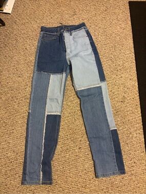 Target Two-Tone Patchwork Blue Straight-Leg Mom Jeans
